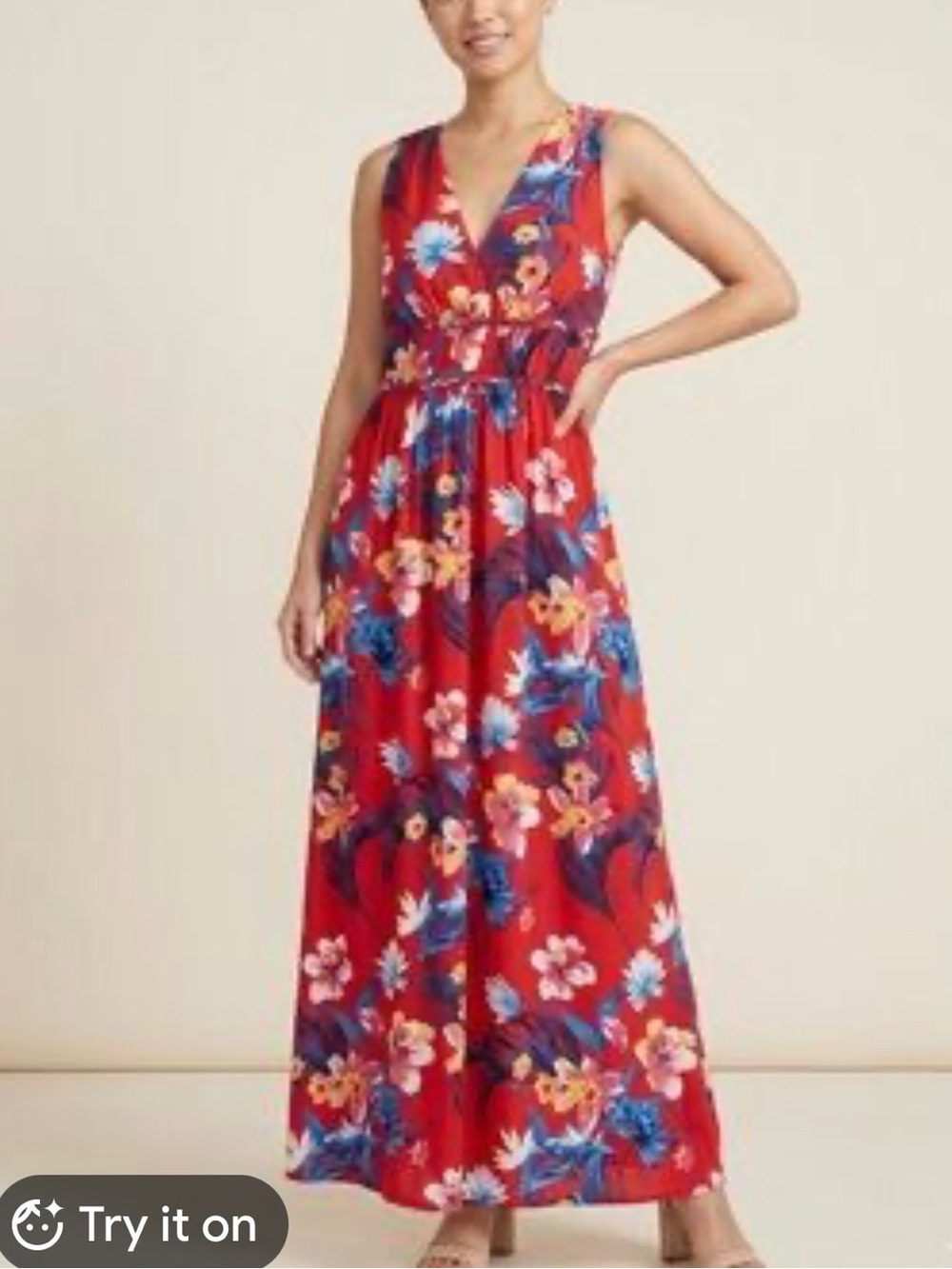 Japna Red Floral V-Neck Maxi Dress with Blue & Yellow Accents Size S